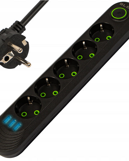Maitinimo prailgintuvas, 3x USB, 5 lizdai, jungiklis, 5m, įžemintas, juodas