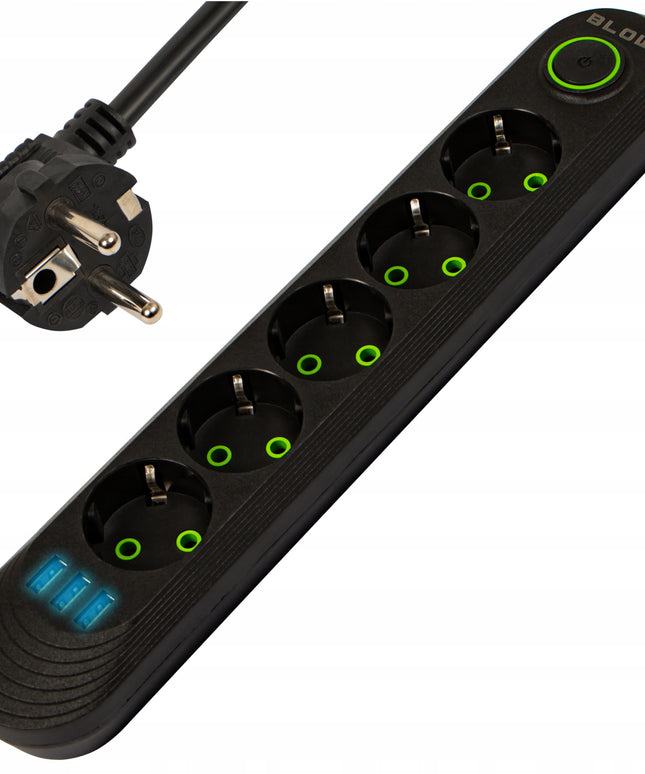 Maitinimo prailgintuvas, 3x USB, 5 lizdai, jungiklis, 5m, įžemintas, juodas