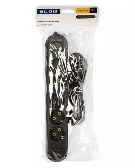 BLOW maitinimo laidas, prailgintuvas su jungikliu, 3x USB, 5 lizdai, 5 m, įžemintas, juodas