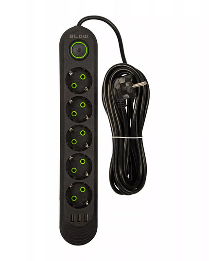 BLOW maitinimo laidas, prailgintuvas su jungikliu, 3x USB, 5 lizdai, 5 m, įžemintas, juodas