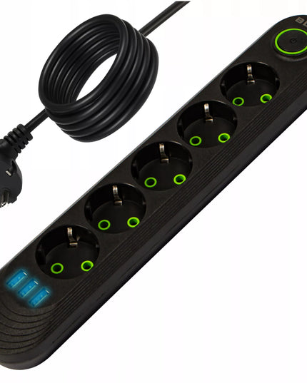 BLOW maitinimo laidas, prailgintuvas su jungikliu, 3x USB, 5 lizdai, 5 m, įžemintas, juodas