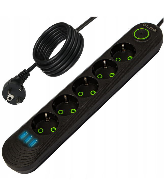 Maitinimo prailgintuvas, 3x USB, 5 lizdai, jungiklis, 5m, įžemintas, juodas