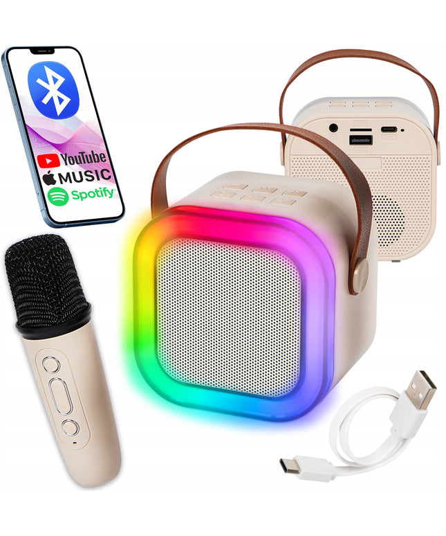 Nešiojamas RGB karaokės rinkinys su mikrofonu ir garsiakalbiu, USB, SD, mini jungtimi ir „Bluetooth“