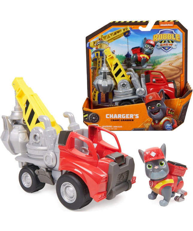 PAW Patrol Charger statybinė transporto priemonė su griebtuvu ir figūrėle Rubble & Crew