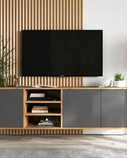 Pakabinama TV spintelė-staliukas, Wotan ąžuolas – matinis grafitas, 150cm x 39cm x 35cm