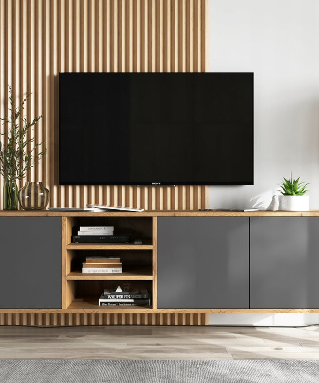 Pakabinama TV spintelė-staliukas, Wotan ąžuolas – matinis grafitas, 150cm x 39cm x 35cm