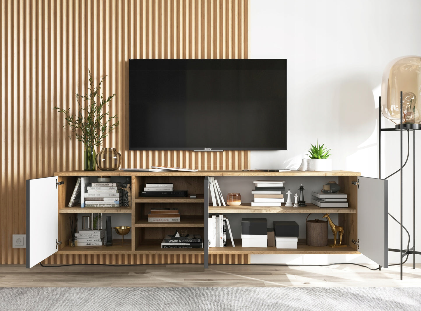 Pakabinama TV spintelė-staliukas, Wotan ąžuolas – matinis grafitas, 150cm x 39cm x 35cm