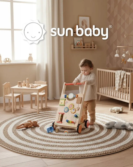 Sun Baby medinė 2in1 vaikiška vaikštynė su veiklos centru XXL