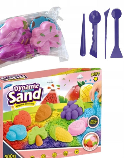 Kinetinio smėlio rinkinys, 500 g, vaisių ir daržovių formelės, sensorinis žaislas