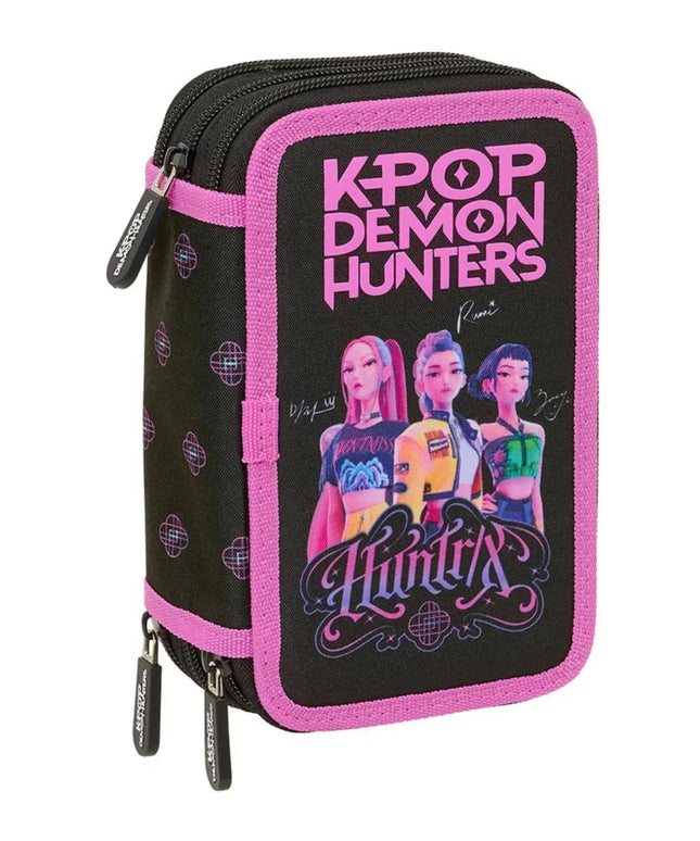 Trijų skyrių penalas su mokyklinėmis priemonėmis SAFTA K-POP Demon Hunters, juodas