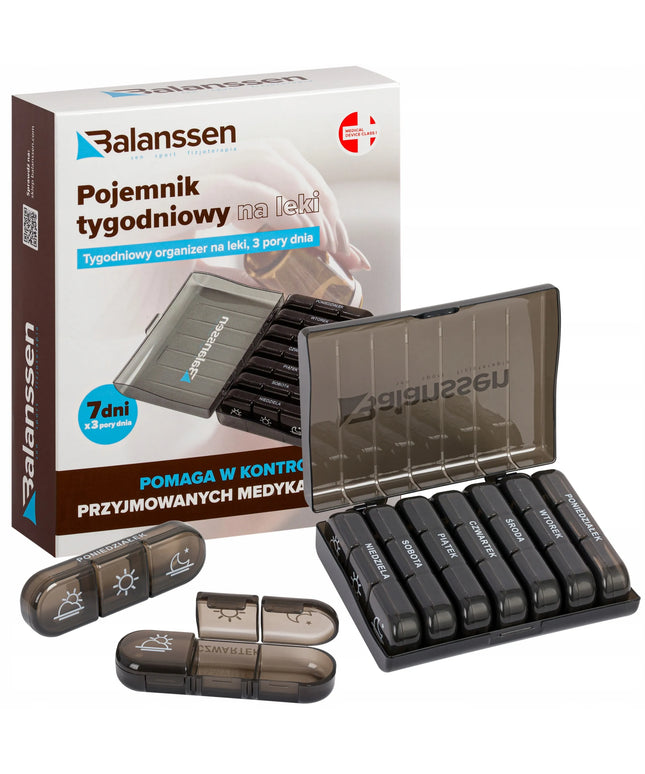 Savaitinė vaistų kasetė „Balanssen“, vaistų organizatorius, 3 laikai, 7 dienos, juoda su dėklu