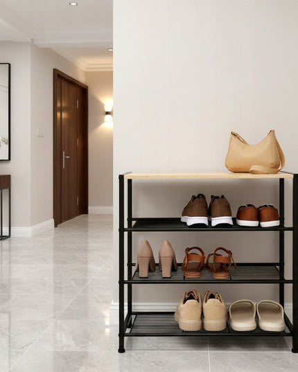 Batų lentyna, stovas, stelažas avalynei, didelė metalinė bambukinė spintelė 4 lentynomis