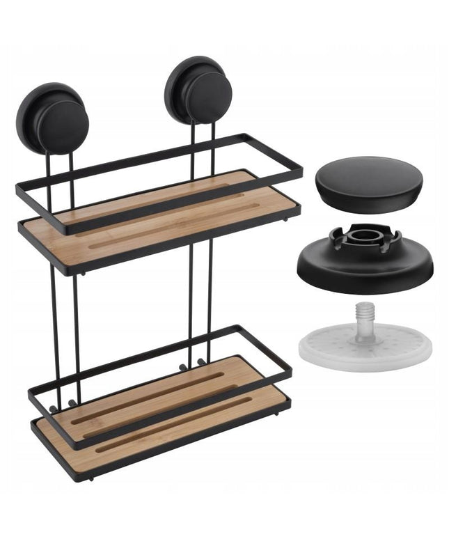 Sieninė vonios lentyna su siurbtukais kosmetikai, juoda, loft stiliaus, be gręžimo