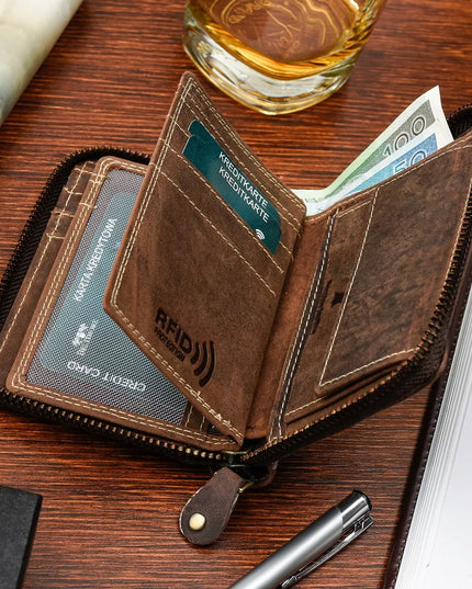 Beltimore didelė vertikali odinė RFiD piniginė su užtrauktuku iš nubuko