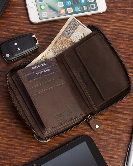 Beltimore natūralios odos vyriška piniginė su RFiD apsauga, vertikali, didelė, su užtrauktuku, nubuko tekstūra