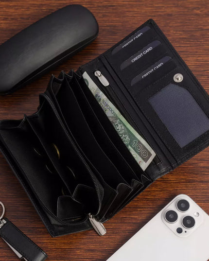 Moteriška odinė piniginė Beltimore A03 su RFID apsauga, didelė, juodos spalvos