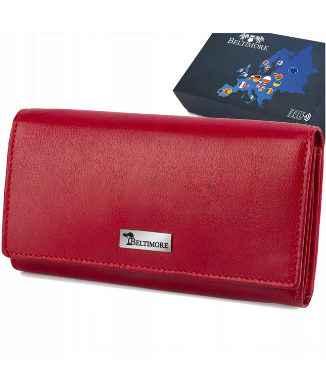 Didelė odinė moteriška piniginė Beltimore su RFID apsauga, klassikinio stiliaus, raudona