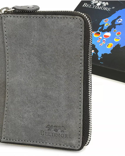 Vyriška pilka odinė Beltimore piniginė G71, vertikali, su užtrauktuku ir RFID