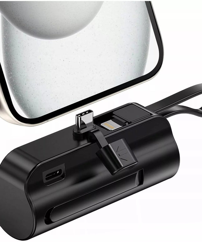 Nešiojamas 5000 mAh 10,5 W galios kišeninis išorinis akumuliatorius (Power Bank), USB-C + „Lightning“, juodas