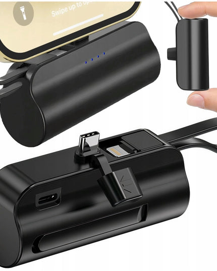 PowerBank 5000mAh 10.5W Mažas Kišeninis Power Bank USB-C +Lightning Juodas