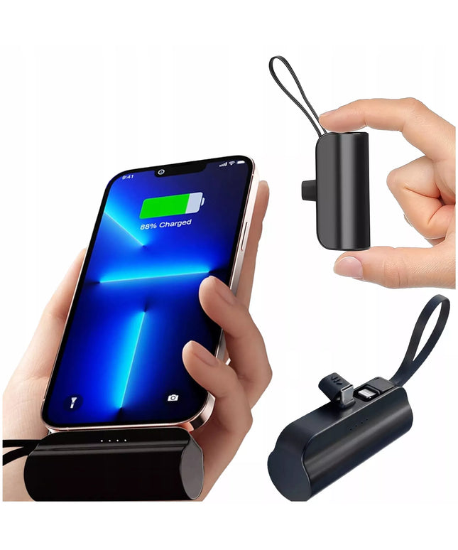 Nešiojamas 5000 mAh 10,5 W galios kišeninis išorinis akumuliatorius (Power Bank), USB-C + „Lightning“, juodas