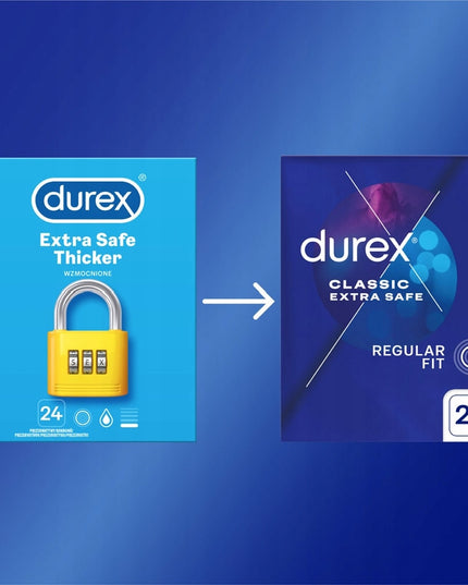 Durex EXTRA SAFE storos, lubrikuotos, saugios prezervatyvai, 24 vnt.