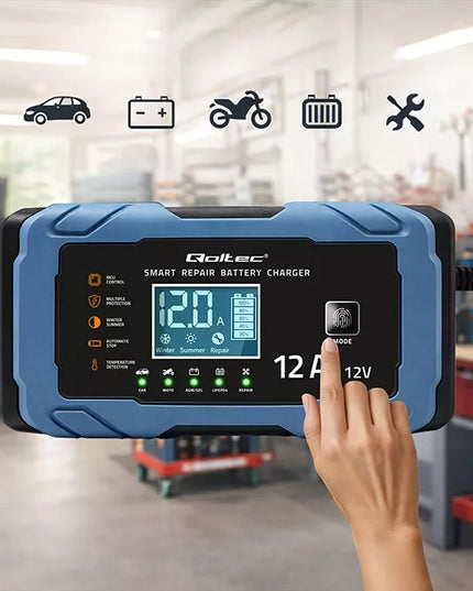 Prostownik 12V 12A AGM GEL LiFePO4 LCD z funkcją naprawy 9-etapowy Qoltec
