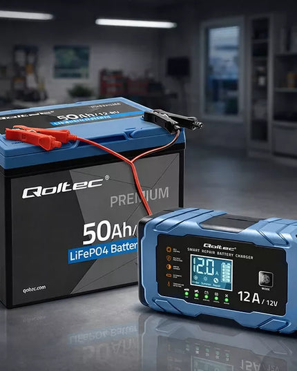 Prostownik 12V 12A AGM GEL LiFePO4 LCD z funkcją naprawy 9-etapowy Qoltec