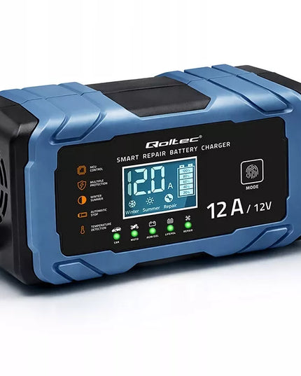 Qoltec 12V 12A AGM GEL LiFePO4 LCD įkroviklis su „Repair“ funkcija, 9 pakopų