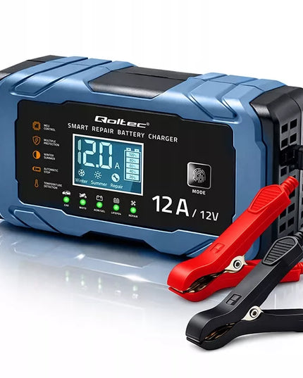 Qoltec 12V 12A AGM GEL LiFePO4 LCD įkroviklis su „Repair“ funkcija, 9 pakopų