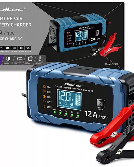 Prostownik 12V 12A AGM GEL LiFePO4 LCD z funkcją naprawy 9-etapowy Qoltec