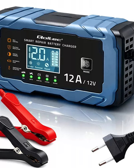 Prostownik 12V 12A AGM GEL LiFePO4 LCD z funkcją naprawy 9-etapowy Qoltec