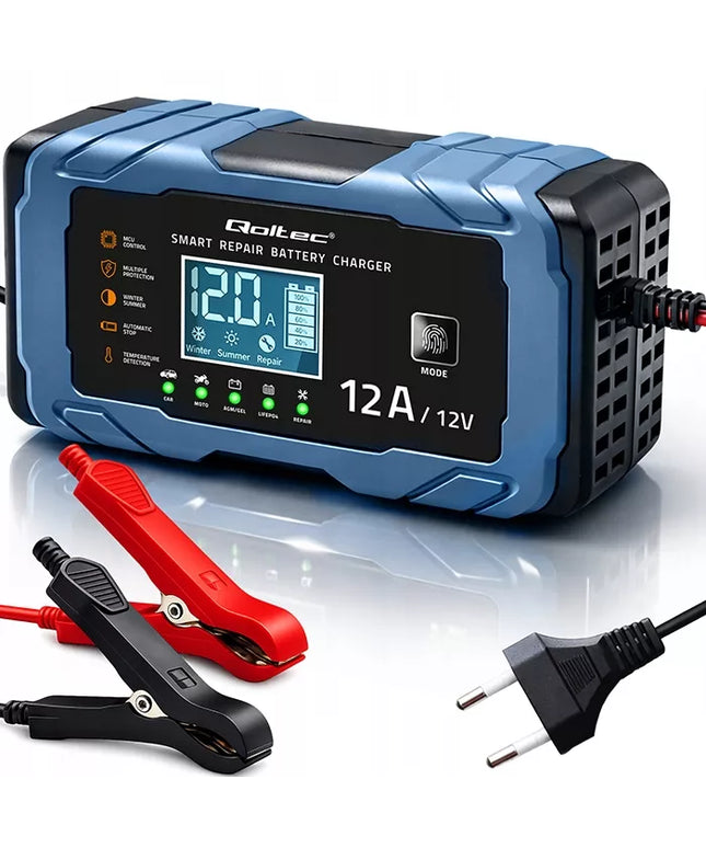 Prostownik 12V 12A AGM GEL LiFePO4 LCD z funkcją naprawy 9-etapowy Qoltec