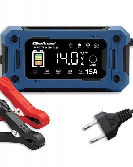 Qoltec 12 V 15 A akumuliatoriaus įkroviklis AGM GEL LiFePO4, LCD, „Repair“ ir įkrovos palaikymo funkcijos
