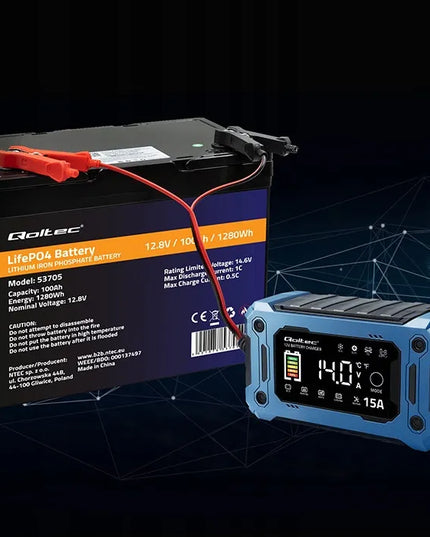 Qoltec 12 V 15 A akumuliatoriaus įkroviklis AGM GEL LiFePO4, LCD, „Repair“ ir įkrovos palaikymo funkcijos