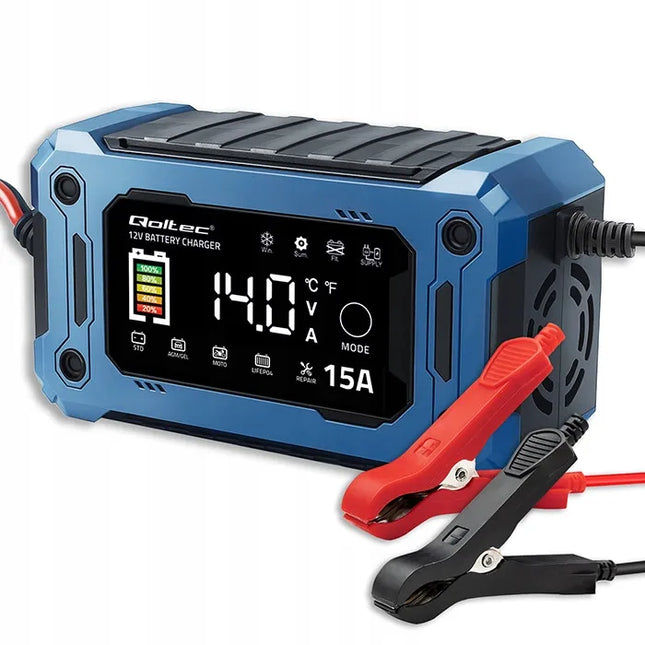 Qoltec 12 V 15 A akumuliatoriaus įkroviklis AGM GEL LiFePO4, LCD, „Repair“ ir įkrovos palaikymo funkcijos