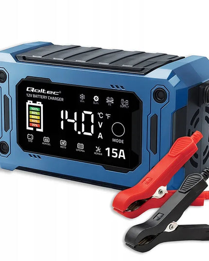 Qoltec 12 V 15 A akumuliatoriaus įkroviklis AGM GEL LiFePO4, LCD, „Repair“ ir įkrovos palaikymo funkcijos
