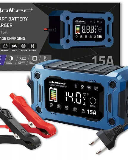 Qoltec 12 V 15 A akumuliatoriaus įkroviklis AGM GEL LiFePO4, LCD, „Repair“ ir įkrovos palaikymo funkcijos