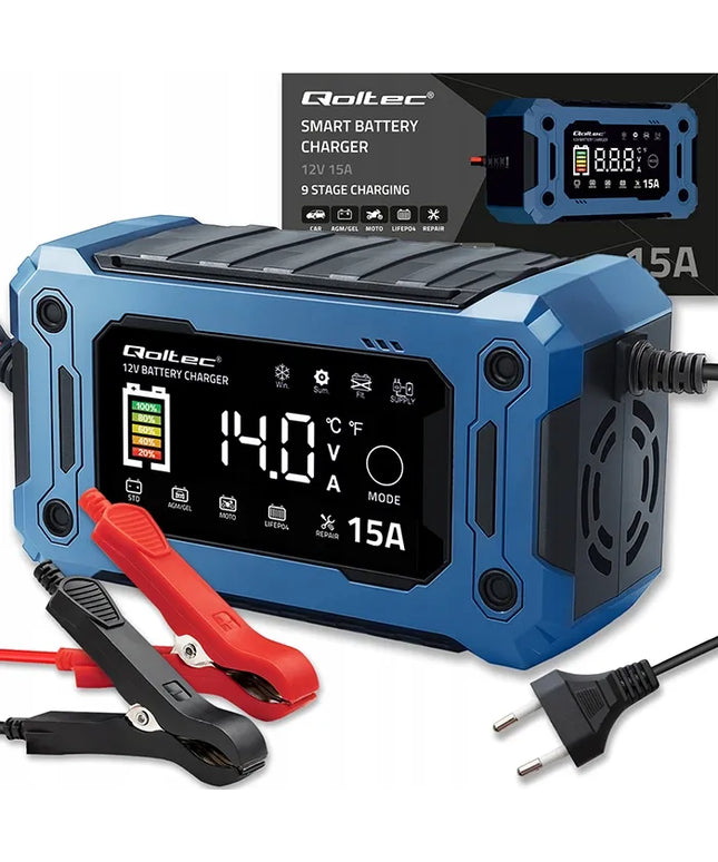 Qoltec 12 V 15 A akumuliatoriaus įkroviklis AGM GEL LiFePO4, LCD, „Repair“ ir įkrovos palaikymo funkcijos