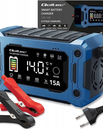 Qoltec 12 V 15 A akumuliatoriaus įkroviklis AGM GEL LiFePO4, LCD, „Repair“ ir įkrovos palaikymo funkcijos