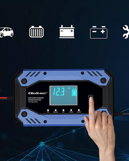 Akumuliatoriaus įkroviklis su atstatymo funkcija 12-24V 10A LCD Qoltec 52482