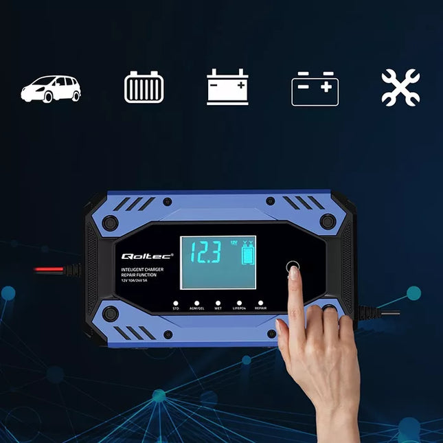 Akumuliatoriaus įkroviklis su atstatymo funkcija 12-24V 10A LCD Qoltec 52482