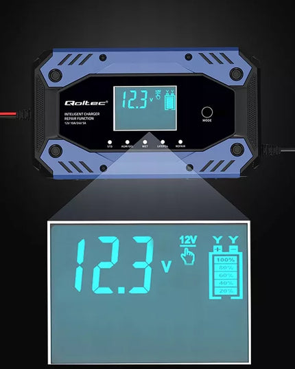 Akumuliatoriaus įkroviklis su atstatymo funkcija 12-24V 10A LCD Qoltec 52482
