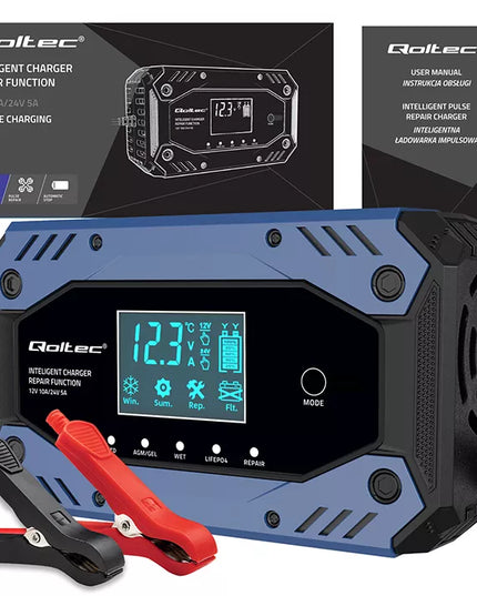 Akumuliatoriaus įkroviklis su atstatymo funkcija 12-24V 10A LCD Qoltec 52482