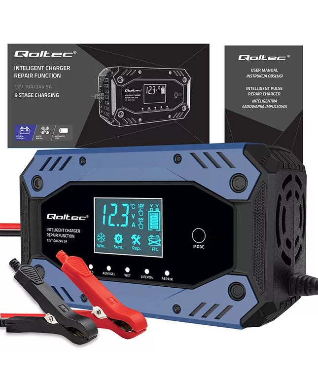 Akumuliatoriaus įkroviklis su atstatymo funkcija 12-24V 10A LCD Qoltec 52482