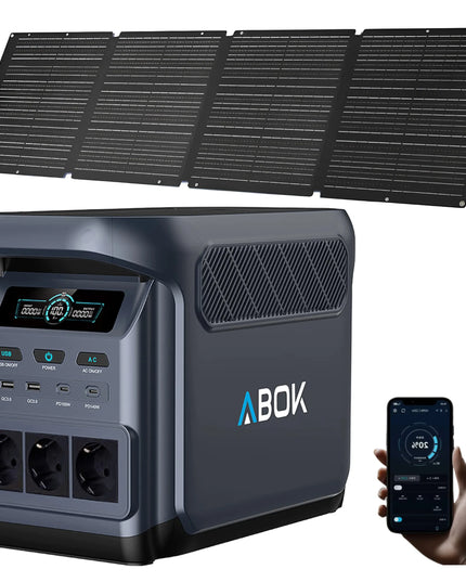 Nešiojamoji maitinimo stotelė Offgridowo ABOK Elux 1, 1800 W, 1024 Wh, su 200 W „Allpowers“ saulės baterija