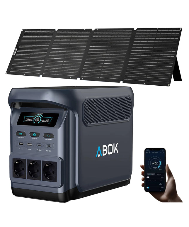 Nešiojamoji maitinimo stotelė Offgridowo ABOK Elux 1, 1800 W, 1024 Wh, su 200 W „Allpowers“ saulės baterija
