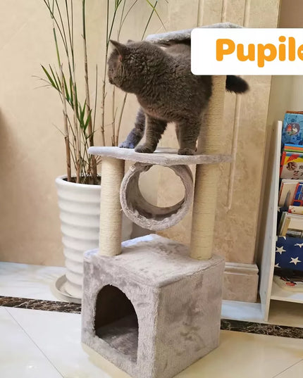 Pupilo namelis draskyklė guolis katėms su tuneliu ir žaisliniu pelėsiuku, 3 lygiai