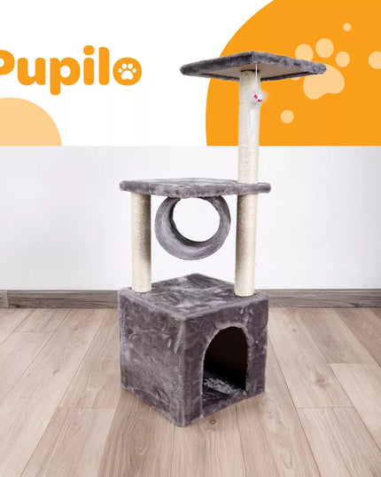 Pupilo namelis draskyklė guolis katėms su tuneliu ir žaisliniu pelėsiuku, 3 lygiai