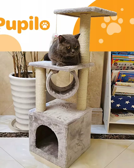 Pupilo namelis draskyklė guolis katėms su tuneliu ir žaisliniu pelėsiuku, 3 lygiai